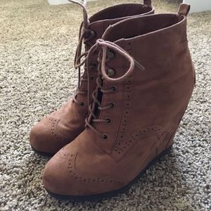 Brown Wedge Lace-Up Booties